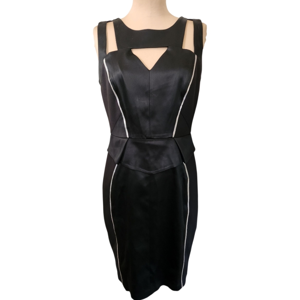 JAX Black Satin Cut-Out Peplum Cocktail Dress - Size 10 - Picture 2 of 13
